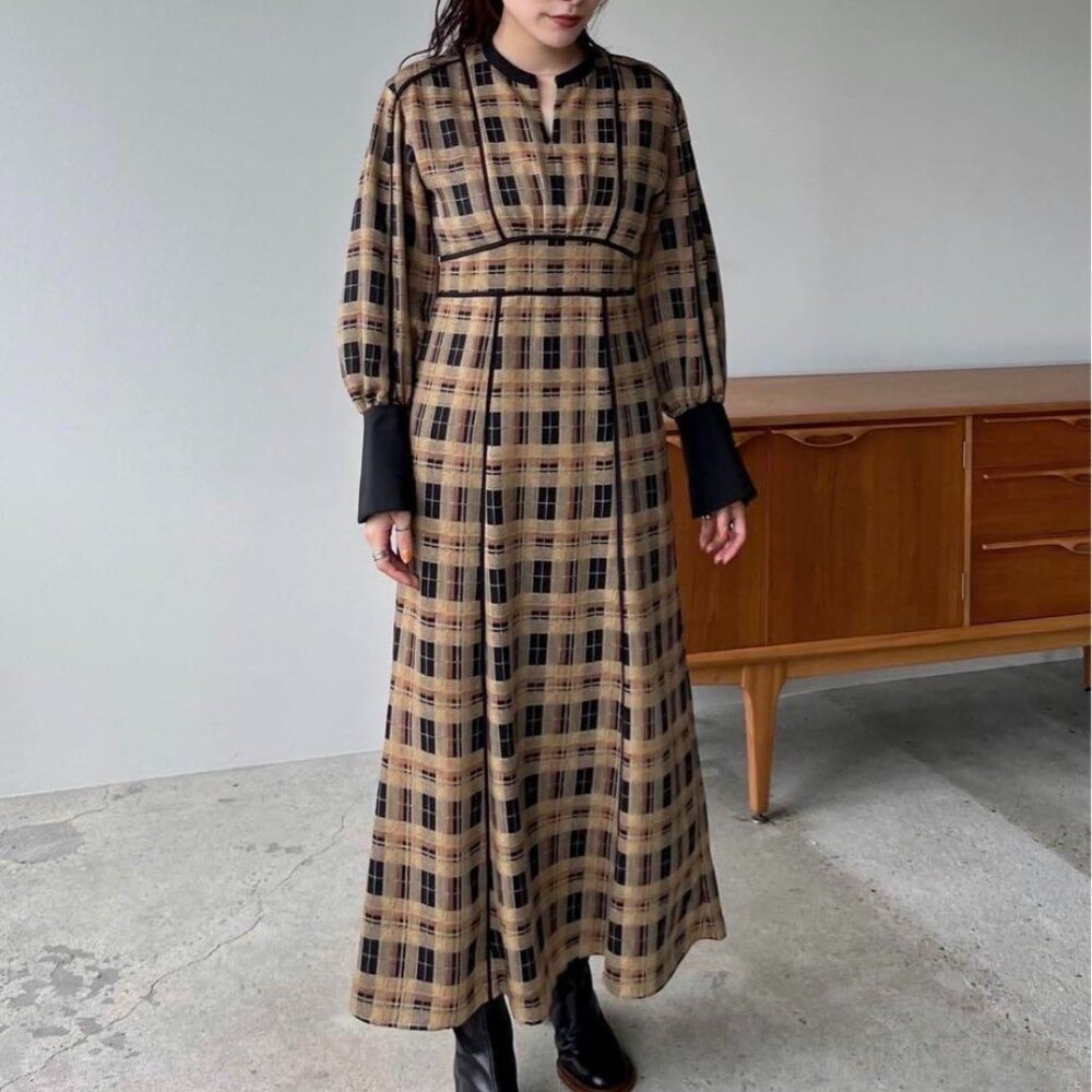 NWT Clane Checked Piping Long Sleeve Maxi Dress